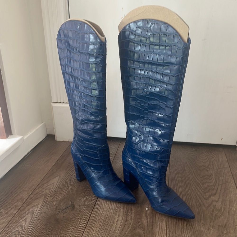 Marc Fisher Blue Croc-Embossed Heeled Boots